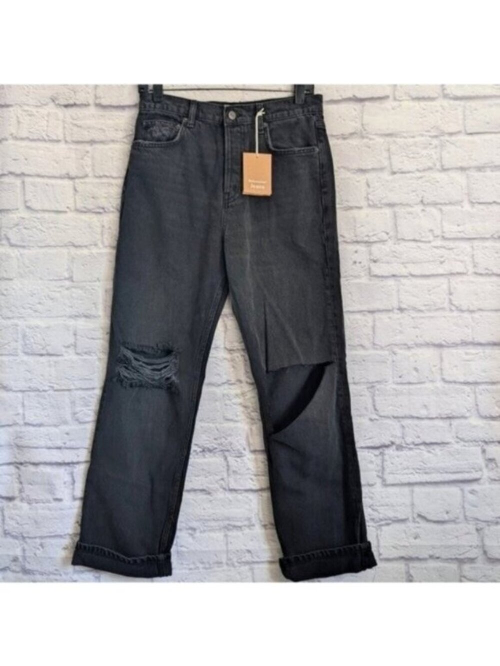 Reformation Cynthia High Rise Straight Jeans 28 NEW Lagoon Destroyed Black
